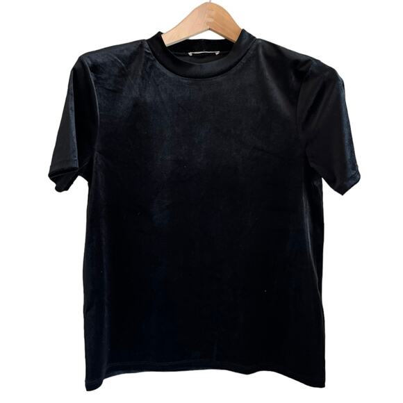 ZARA Velvet Blouse Top Black Short Sleeve Crew Neck Boxy Fit Stretch Medium EUC - Picture 7 of 7